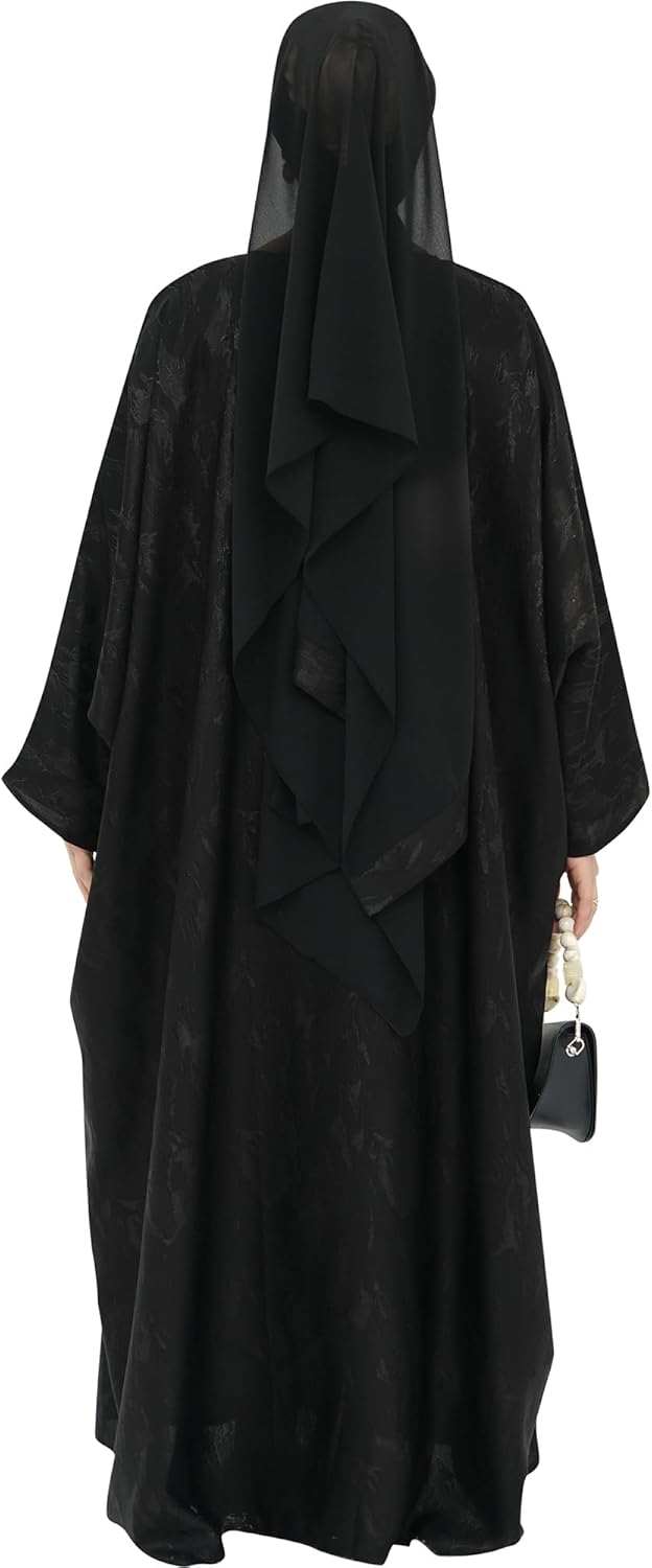 Elegant Eid Clothes Women Muslim Glossy Batwing Sleeve Abaya Ramadan Prayer Dress with Belt
