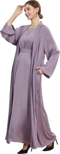2PCS Muslim Abaya Women Islamic Dress with Belted Prayer Covered Eid Clothes