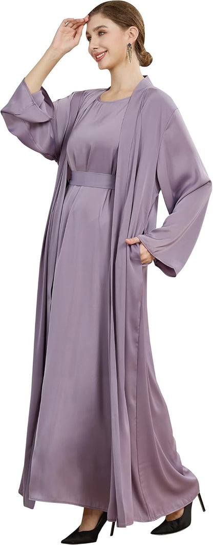 2PCS Muslim Abaya Women Islamic Dress with Belted Prayer Covered Eid Clothes