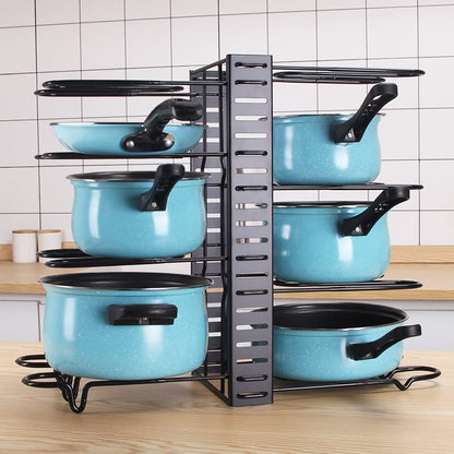 Felibeaco Adjustable Pots and Pans Organizer Rack for Cabinet, Metal Pans Pots Lids Storage Holder Rack with 3 DIY Methods for Kitchen, Counter,Black