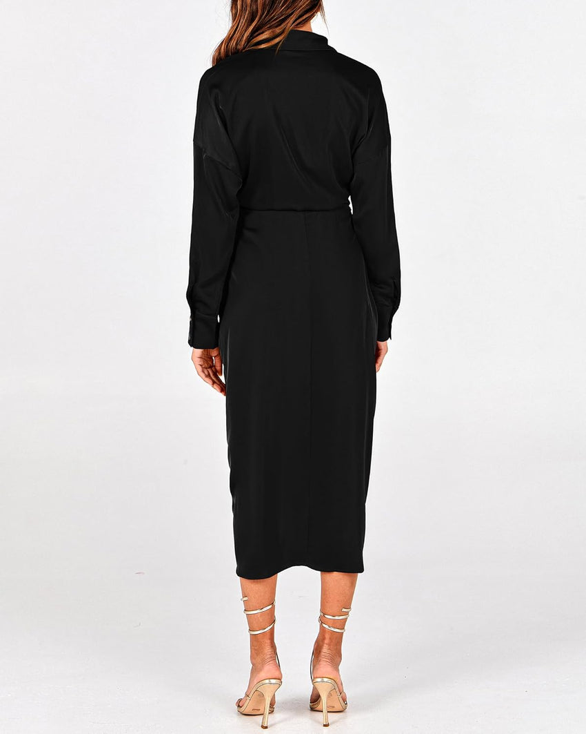 BTFBM Summer Dresses for Women 2025 Long Sleeve Lapel V Neck Button Down Elegant Belted Ruched Satin Shirt Fall Dress