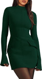 OFEEFAN Women's Fall Long Sleeve Mock Neck Dress Basic Party Club Bodycon Mini Dresses
