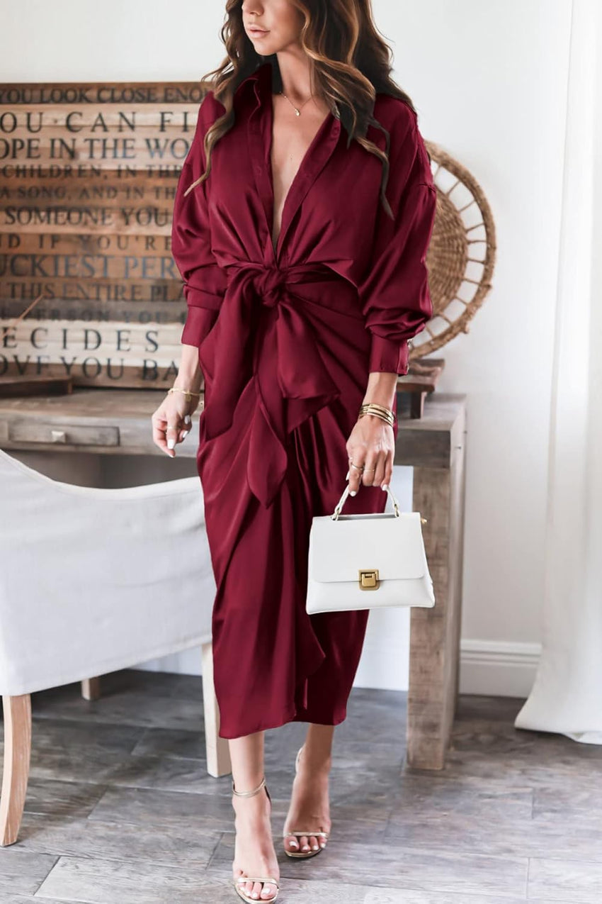BTFBM Summer Dresses for Women 2025 Long Sleeve Lapel V Neck Button Down Elegant Belted Ruched Satin Shirt Fall Dress