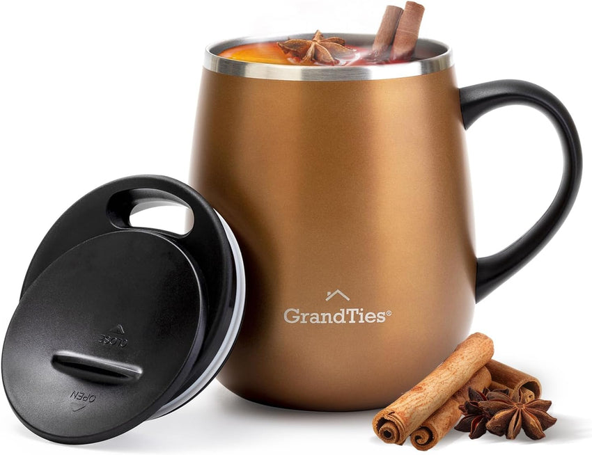 GRANDTIES Insulated Coffee Mug with Handle–Sliding Lid for Splash-Proof 16oz Wine-Glass Shape Thermal Tumbler with Double Walled Vacuum Stainless Steel to Keeps Beverages Hot or Cold-Cognac Metallic