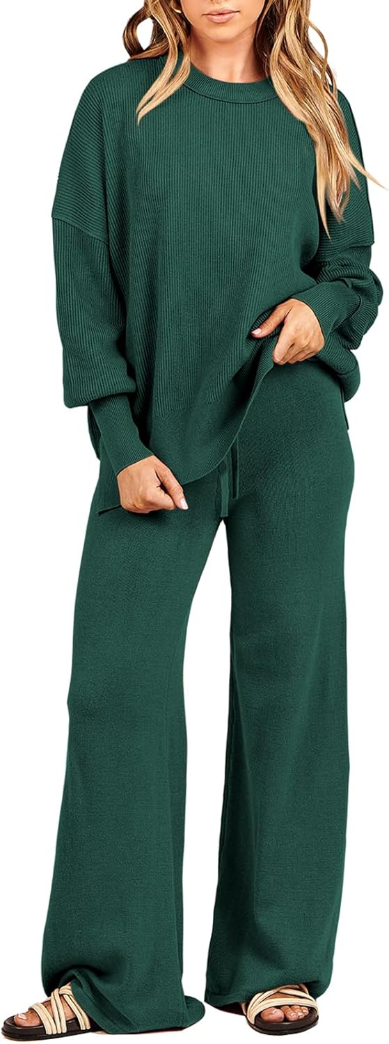 ANRABESS Womens 2 Piece Outfits Fall Lounge Set 2025 Oversized Chunky Knit Sweater Top Wide Leg Pants Loungewear Clothes