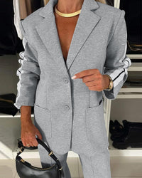 CHICME 2025 Womens Two Piece Outfits Striped Side Button Blazer and Pants with Pockets Sets Business Casual Pant Suits Set