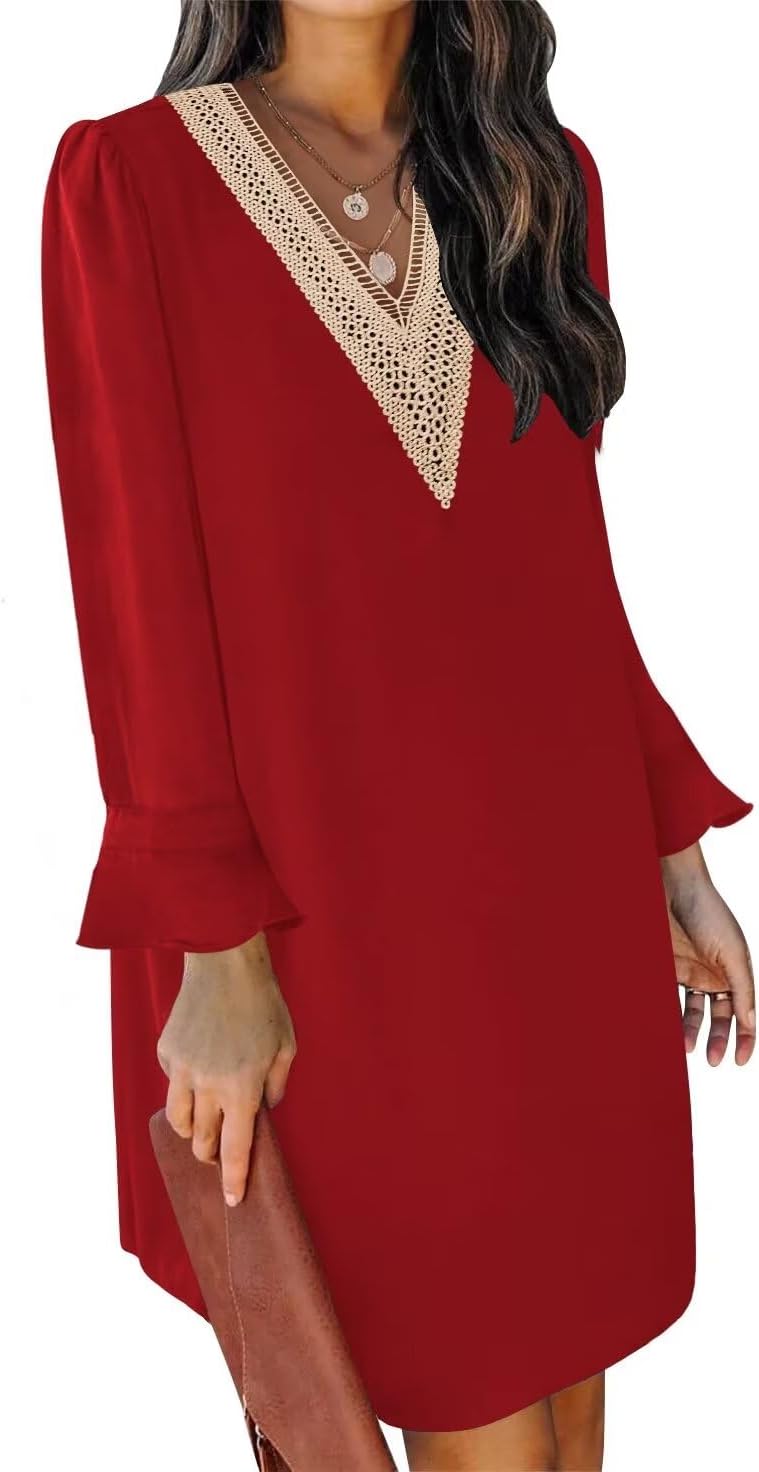 QACOHU Fall Dresses for Women 2025 Casual V Neck Long Sleeves Flowy Mini Tunic Dress