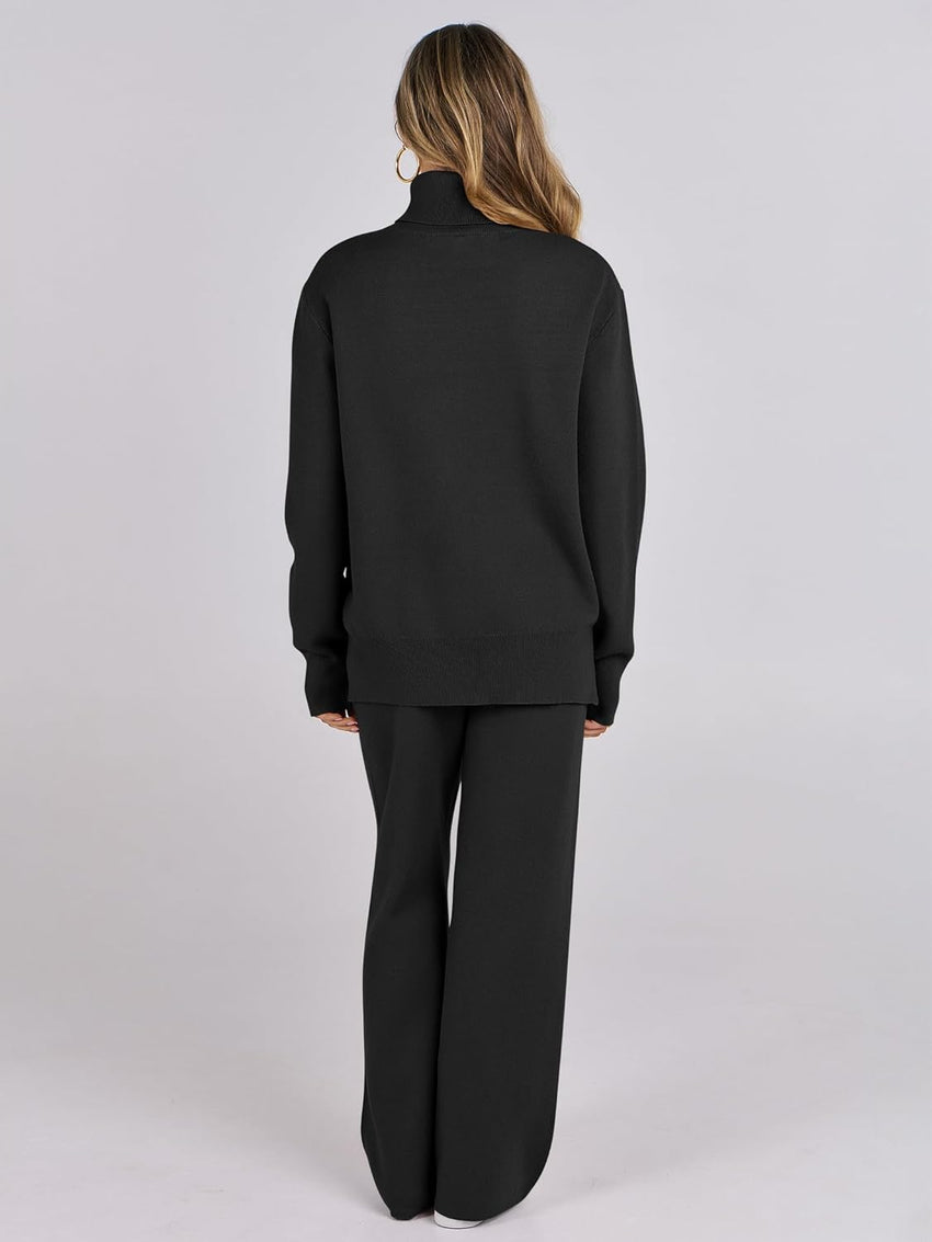 ANRABESS Womens 2 Piece Outfits Turtleneck Matching Lounge Set Sweater Top Wide Leg Pants Fall Cozy Knit Sweatsuit Loungewear