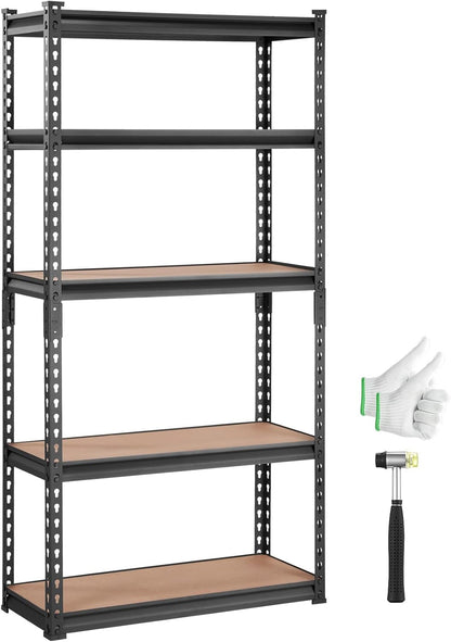 VEVOR Storage Shelving Unit, 5-Tier Adjustable, 2000 lbs Capacity, Heavy Duty Garage Shelves Metal Organizer Utility Rack, Black, 36" L x 18" W x 72" H for Kitchen Pantry Basement Bathroom Laundry