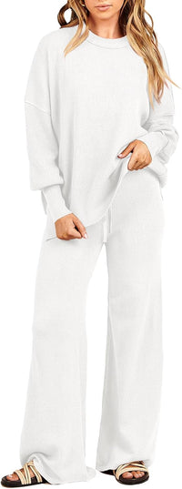 ANRABESS Womens 2 Piece Outfits Fall Lounge Set 2025 Oversized Chunky Knit Sweater Top Wide Leg Pants Loungewear Clothes