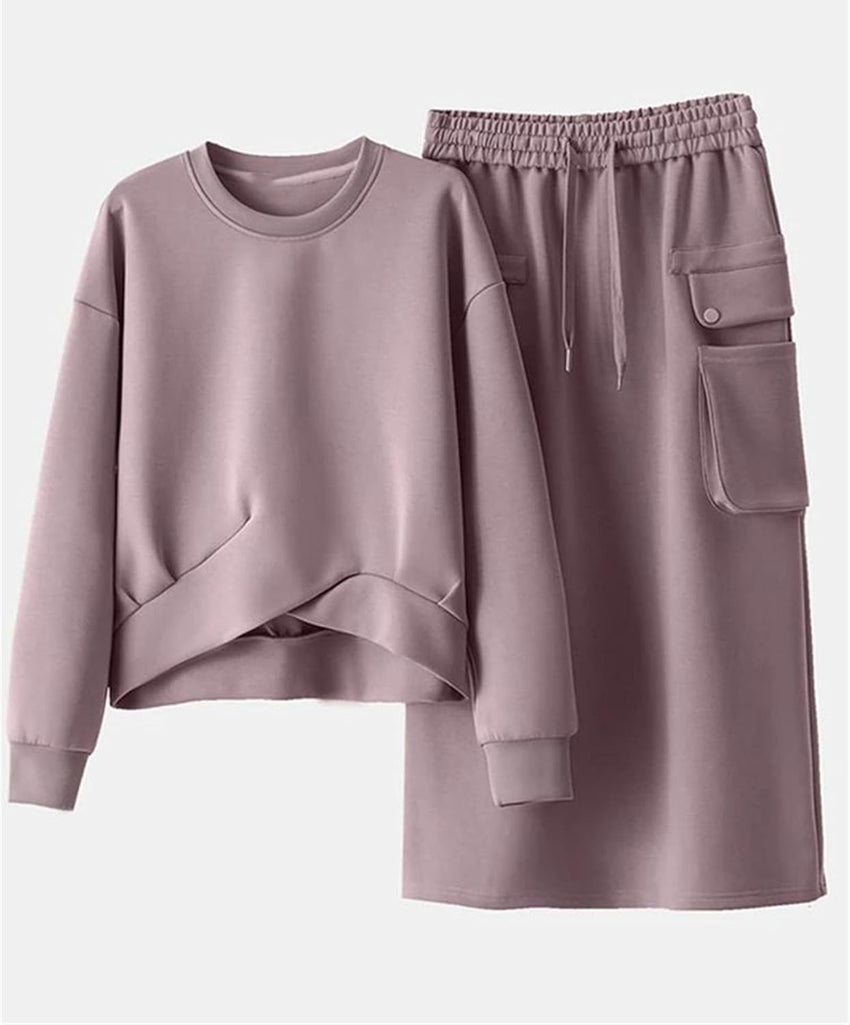 Women Spring Fall Sweatshirts Dress Sets Long Sleeve Hoodies Midi Skirt Two-Piece Set