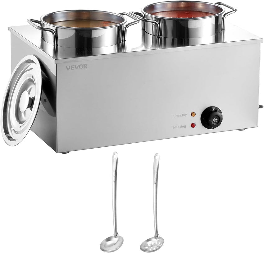 VEVOR Electric Soup Warmer, Dual 7.4QT Stainless Steel Round Pot 86~185°F Adjustable Temp, 1200W Commercial Bain Marie with Anti-Dry Burn and Reset Button, Soup Station for Restaurant, Buffet, Silver