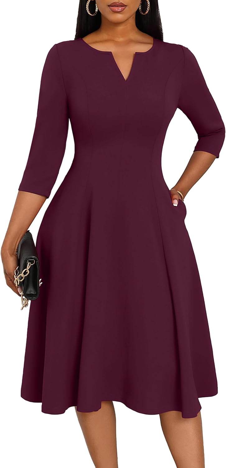 Nmoder Midi Dresses for Women A-Line Fit and Flare Dress 3/4 Sleeve V Neck Cocktail Wedding Guest Work Dress with Pockets