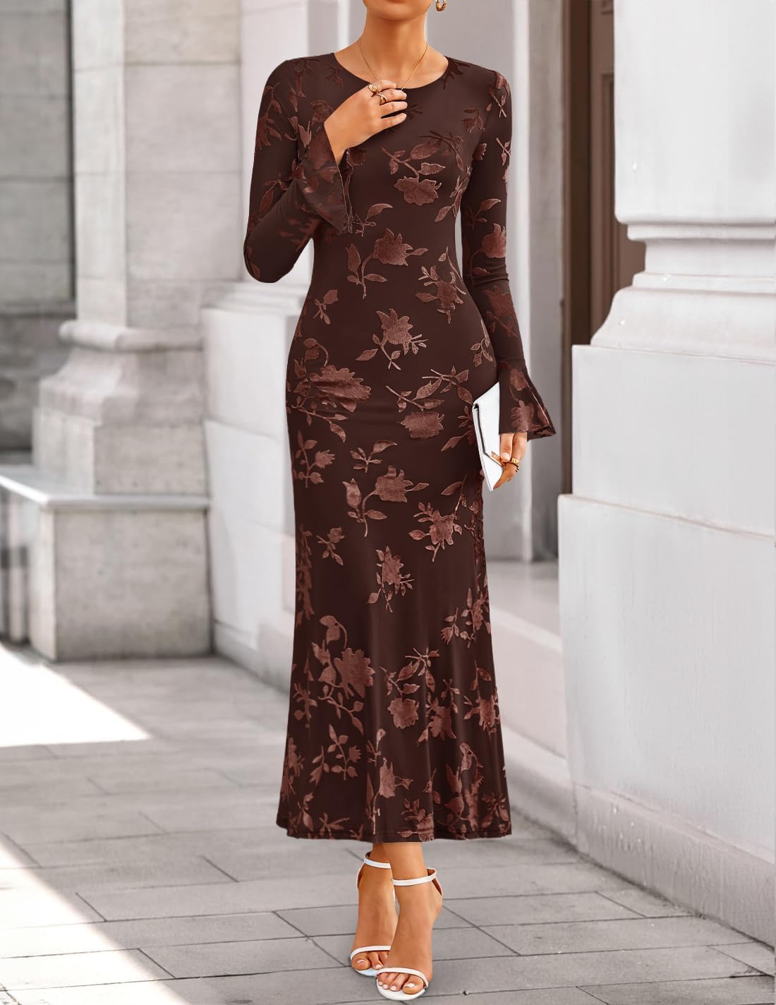 ZESICA Women's 2025 Bell Long Sleeve Floral Maxi Dress Fall Fashion Bodycon Mesh Wedding Guest Cocktail Party Dresses