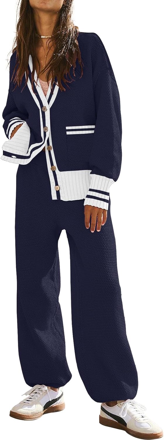 Women's 2 Piece Outfit Lounge Set Trendy Cardigan Sweater Pants Sets V Neck Button Pocket Knit Matching Loungewear