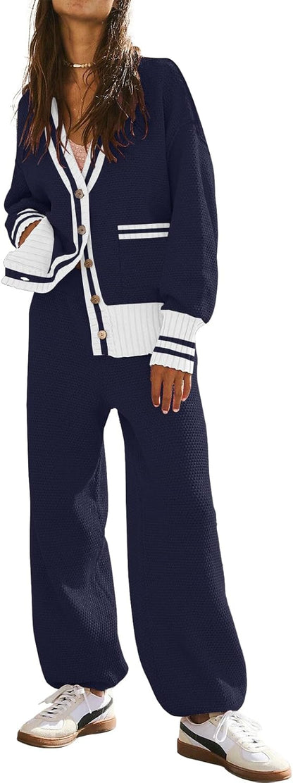 Women's 2 Piece Outfit Lounge Set Trendy Cardigan Sweater Pants Sets V Neck Button Pocket Knit Matching Loungewear