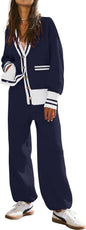Women's 2 Piece Outfit Lounge Set Trendy Cardigan Sweater Pants Sets V Neck Button Pocket Knit Matching Loungewear