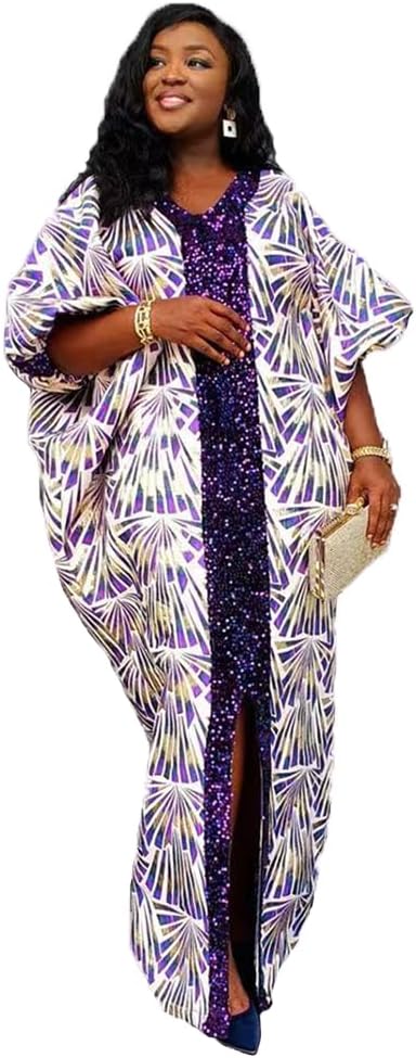 HD Women's Sequin African Bubu Dress Front Slit Stylish Plus Size Gown