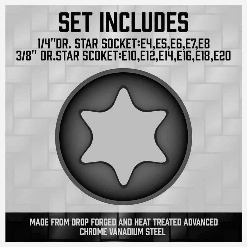 SEDY 11-Piece E-Torx Socket Set - Star Sockets Set with Socket Rail, External Torx Socket with Organizer, External Socket-Set, E4 E5 E6 E7 E8 E10 E12 E14 E16 E18 E20 Reverse Sockets Set