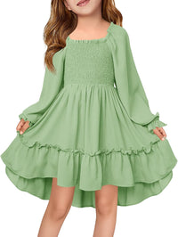 Haloumoning Girls Lantern Long Sleeve Dresses Kids Square Neck High Low Hem Smocked Fall Dress 5-14 Years