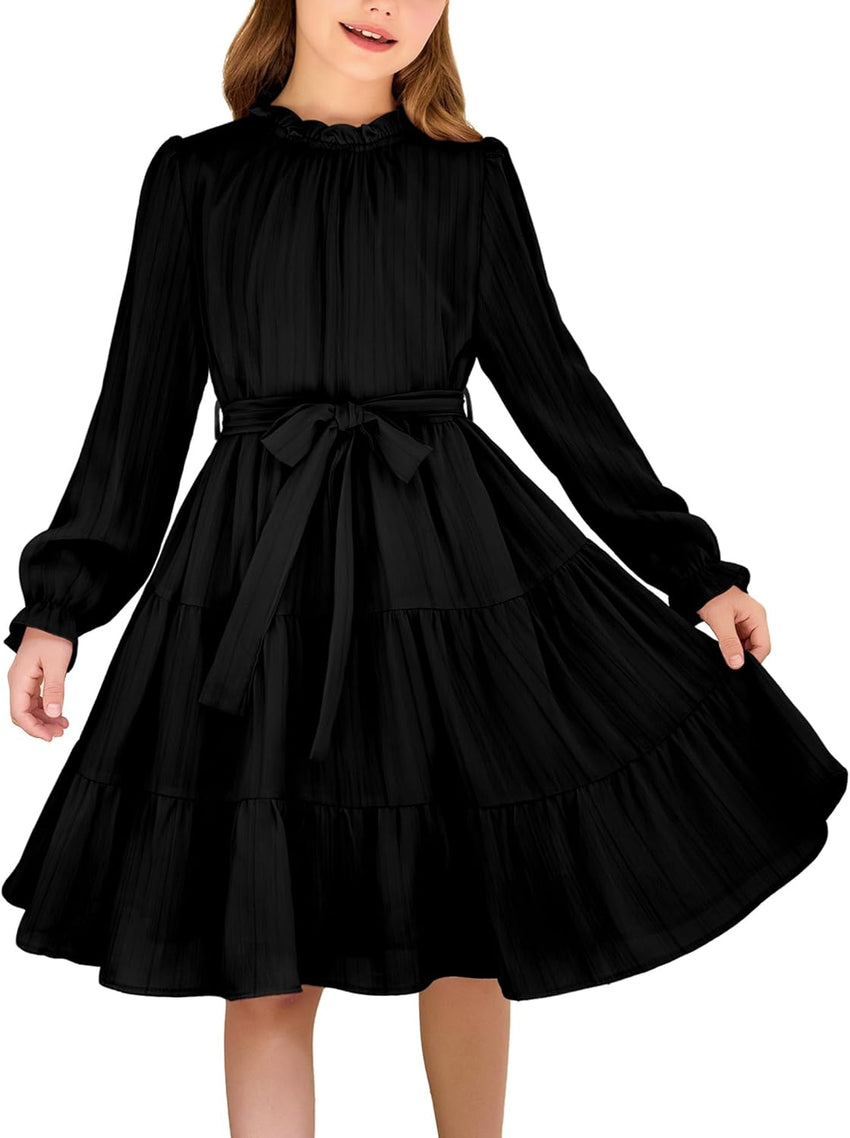 Arshiner Girls Long Sleeve Dress Tween Fall Formal Party Holiday Midi Tiered Flowy Swing Dresses with Belt 5-13 Y