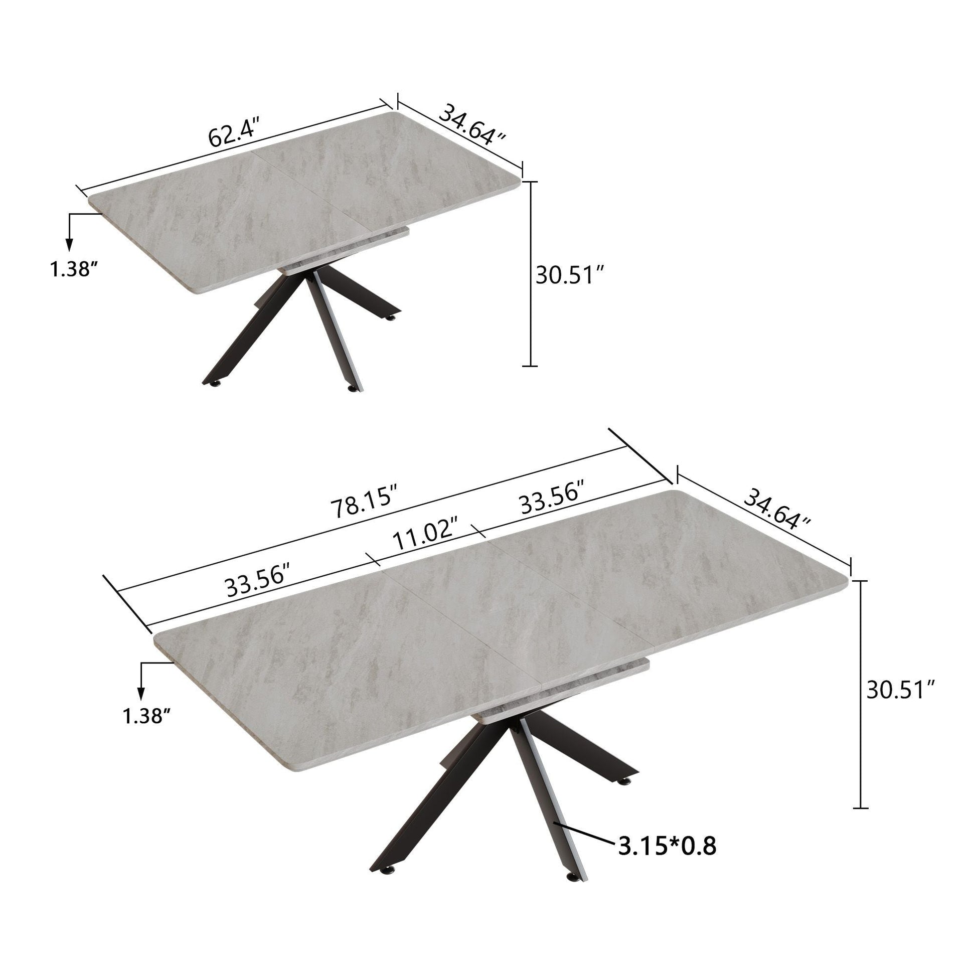 62.4" extendable 78.15" dining Table Set for 6 - 8 Person for Dining Room,C - shaped Tube Soft padded armless dining chair and Very large Dining Room Table Kitchen Table Chair Set with metal Legs - 7DAY'S