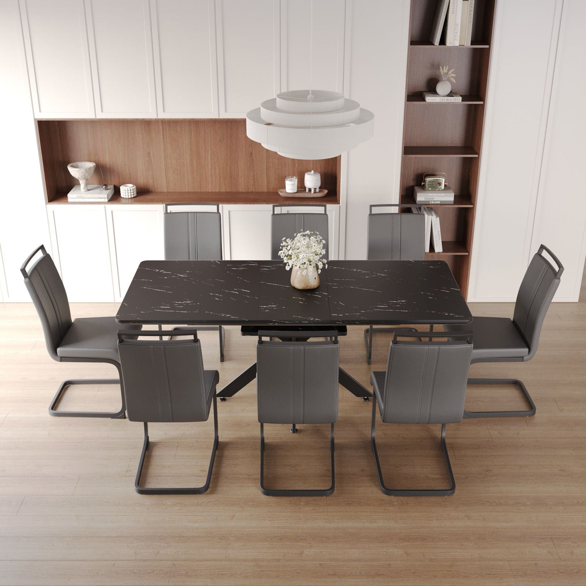 62.4" extendable 78.15" dining Table Set for 6 - 8 Person for Dining Room,C - shaped Tube Soft padded armless dining chair and Very large Dining Room Table Kitchen Table Chair Set with metal Legs - 7DAY'S