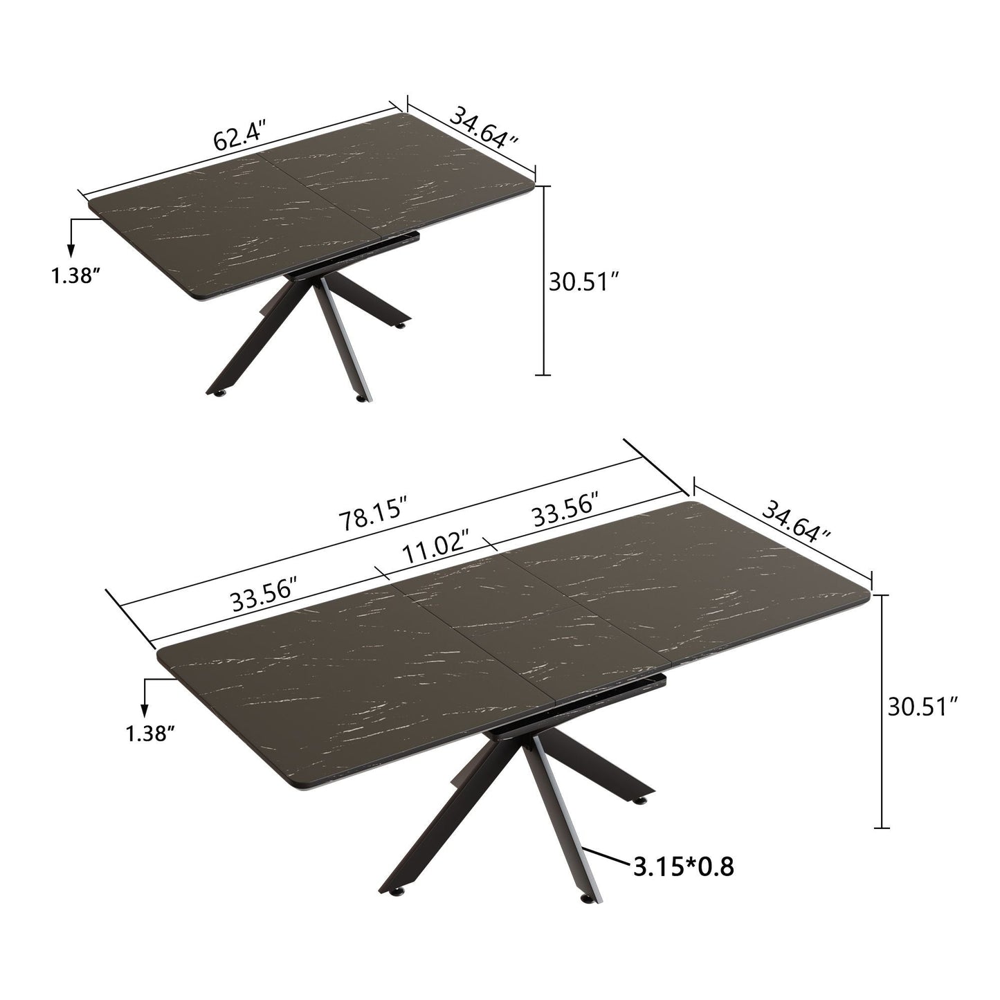62.4" extendable 78.15" dining Table Set for 6 - 8 Person for Dining Room,C - shaped Tube Soft padded armless dining chair and Very large Dining Room Table Kitchen Table Chair Set with metal Legs - 7DAY'S