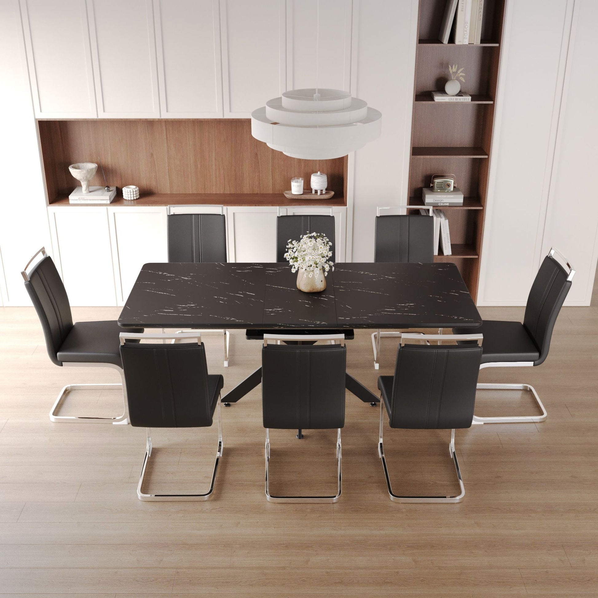 62.4" extendable 78.15" dining Table Set for 6 - 8 Person for Dining Room,C - shaped Tube Soft padded armless dining chair and Very large Dining Room Table Kitchen Table Chair Set with metal Legs - 7DAY'S