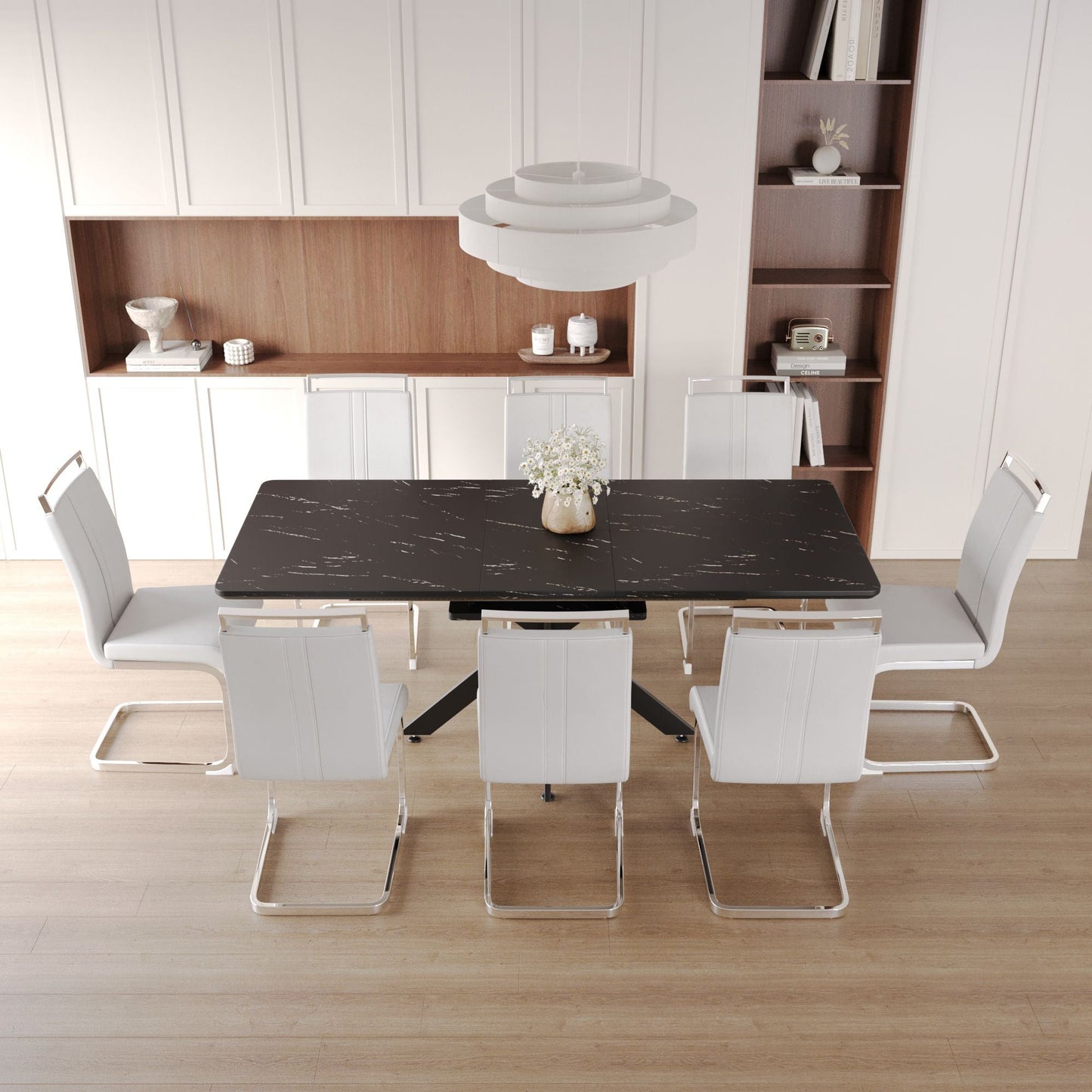 62.4" extendable 78.15" dining Table Set for 6 - 8 Person for Dining Room,C - shaped Tube Soft padded armless dining chair and Very large Dining Room Table Kitchen Table Chair Set with metal Legs - 7DAY'S