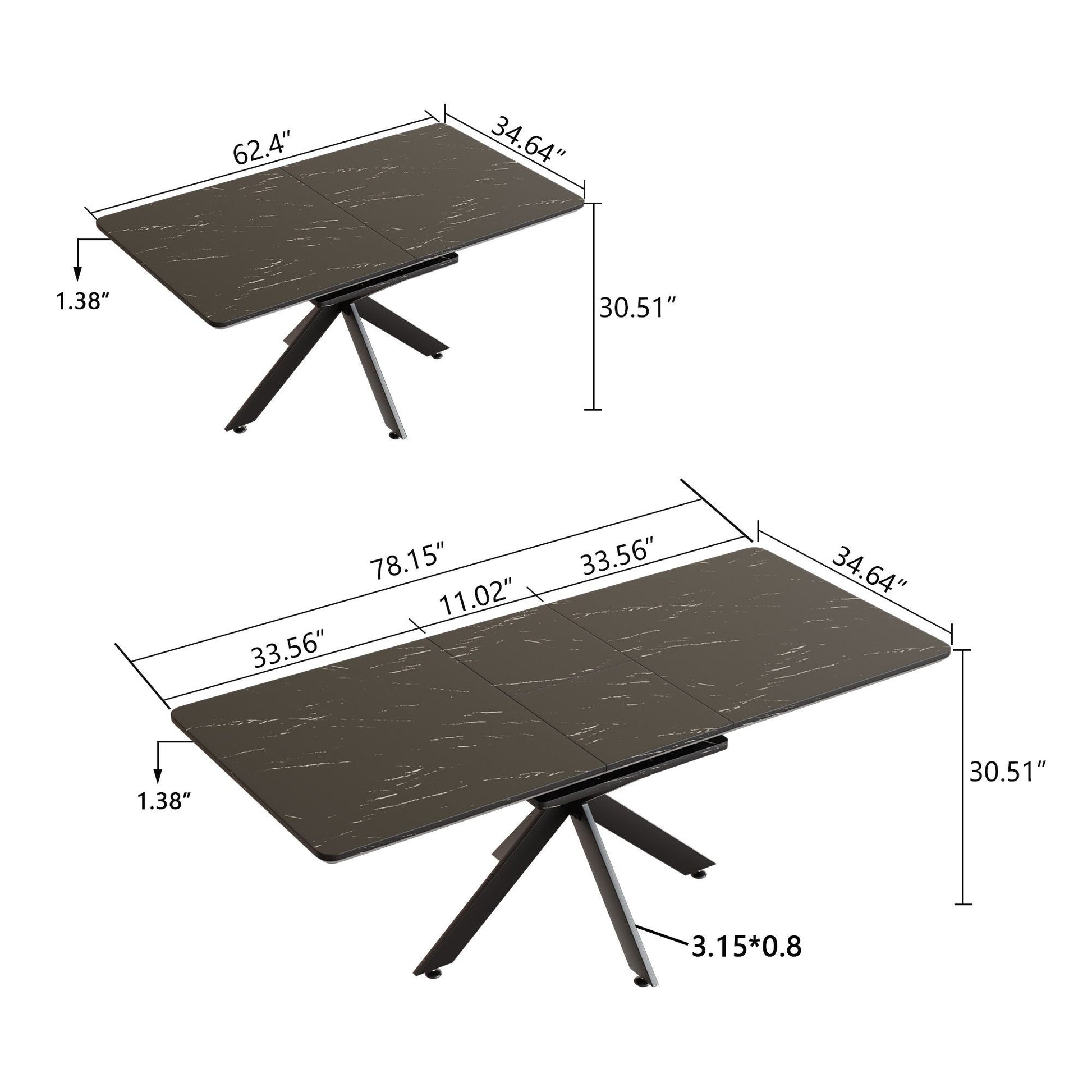 62.4" extendable 78.15" dining Table Set for 6 - 8 Person for Dining Room,C - shaped Tube Soft padded armless dining chair and Very large Dining Room Table Kitchen Table Chair Set with metal Legs - 7DAY'S
