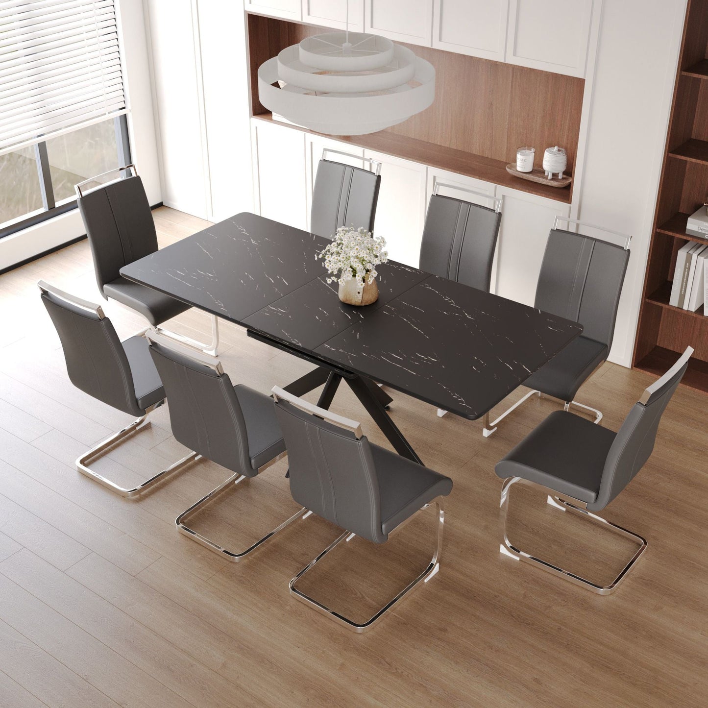 62.4" extendable 78.15" dining Table Set for 6 - 8 Person for Dining Room,C - shaped Tube Soft padded armless dining chair and Very large Dining Room Table Kitchen Table Chair Set with metal Legs - 7DAY'S