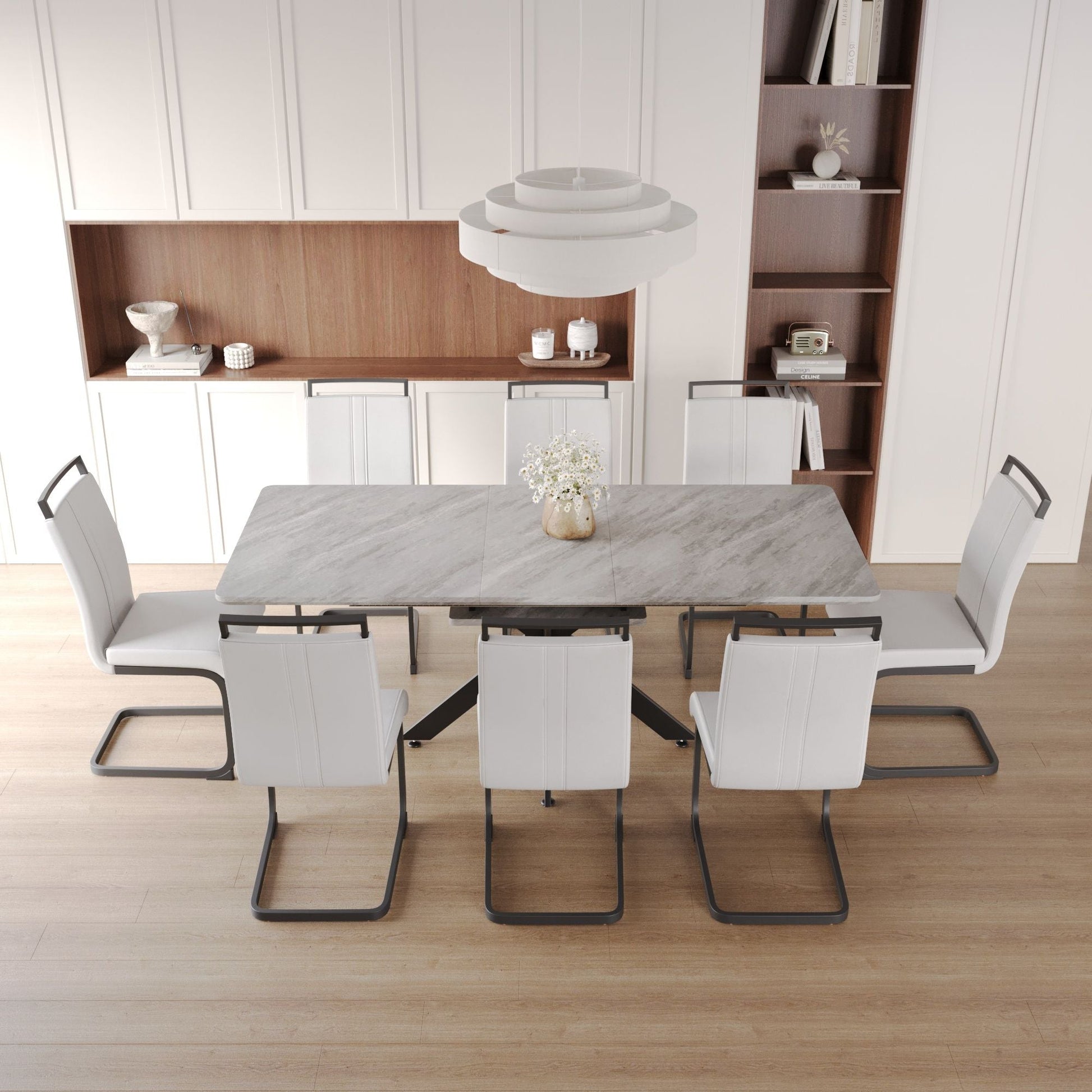62.4" extendable 78.15" dining Table Set for 6 - 8 Person for Dining Room,C - shaped Tube Soft padded armless dining chair and Very large Dining Room Table Kitchen Table Chair Set with metal Legs - 7DAY'S
