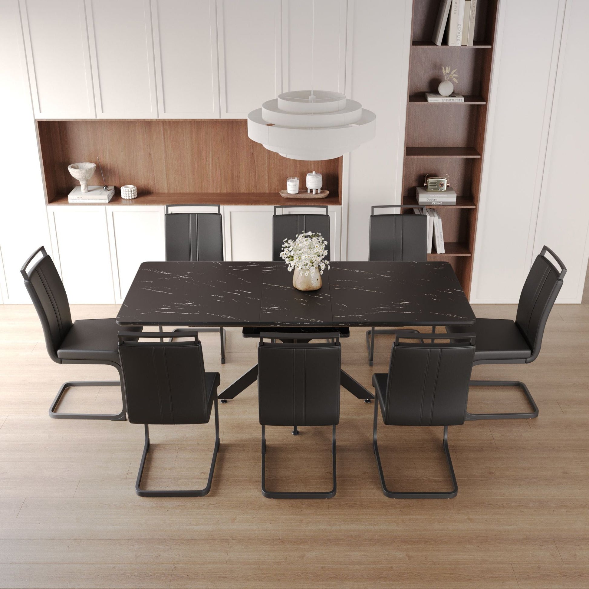 62.4" extendable 78.15" dining Table Set for 6 - 8 Person for Dining Room,C - shaped Tube Soft padded armless dining chair and Very large Dining Room Table Kitchen Table Chair Set with metal Legs - 7DAY'S