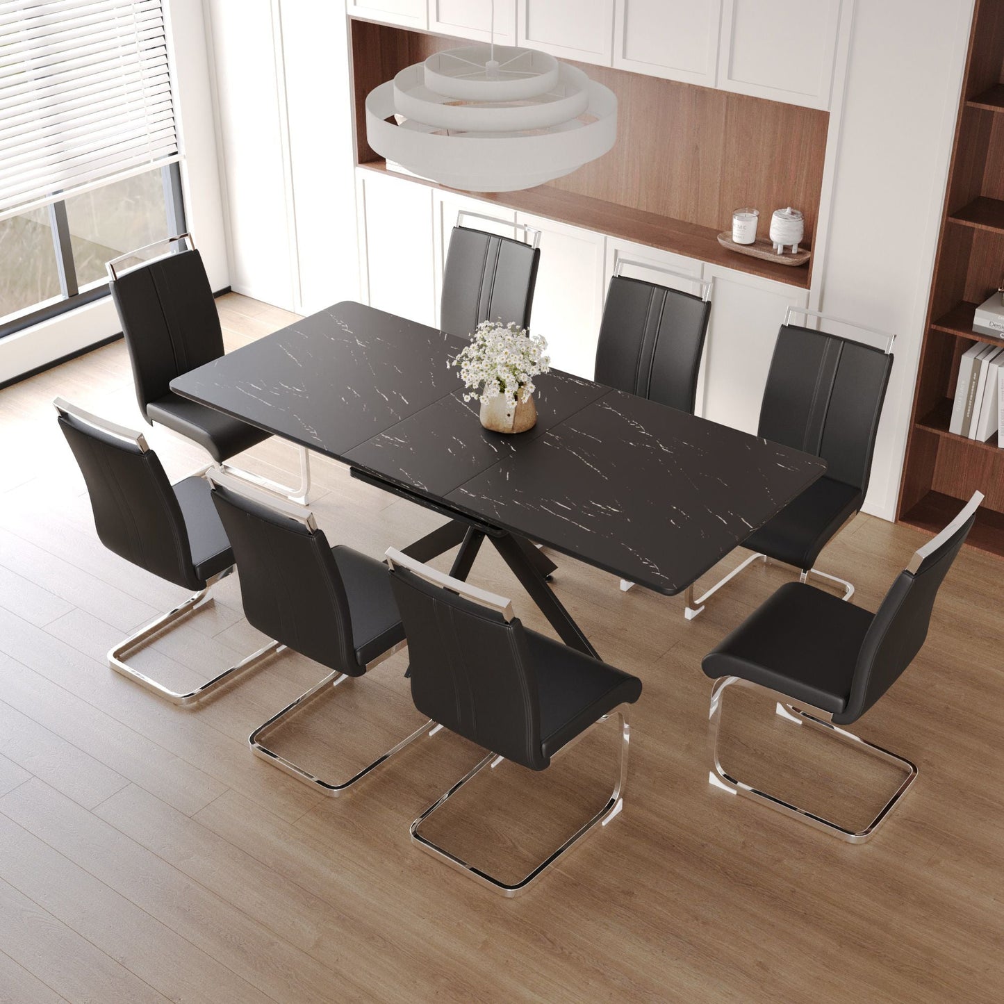 62.4" extendable 78.15" dining Table Set for 6 - 8 Person for Dining Room,C - shaped Tube Soft padded armless dining chair and Very large Dining Room Table Kitchen Table Chair Set with metal Legs - 7DAY'S