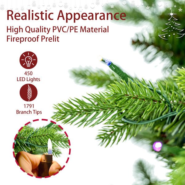 6.5ft Artificial Christmas Tree Prelit PE&PVC with Metal Stand,450 Bi - Colour LED Lights,1791 Branch Tips Green Everett Balsam Tree Easy Assembly for Indoor,Home 50 x 50 x 90 inches - 7DAY'S