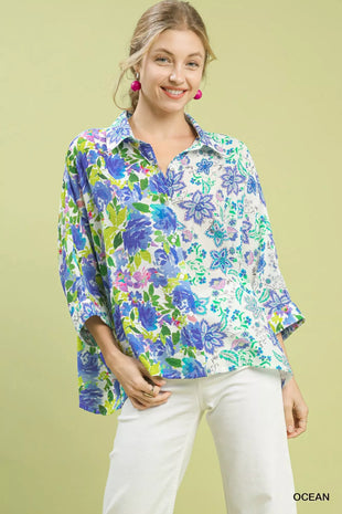 Umgee Mixed Floral Oversized Button Down Shirt