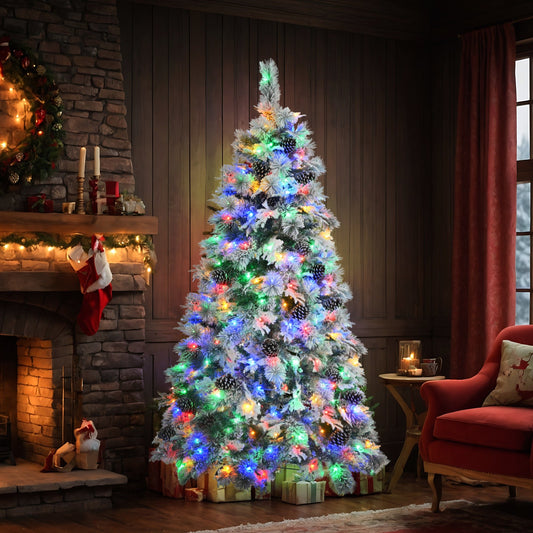 6FT Pre - Lit Spruce Snow Flocked Christmas Tree with Pine Cones, Artificial Xmas Tree with 403 Branch Tips,Mixed PE & PVC Branches, 250 Multi - Color LED Lights, 11 Flashing Modes, Holiday Décor - 7DAY'S