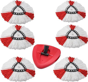 6Pcs Mop Head Replacement For Vileda, O-Cedar, 1 Mop Base, Microfiber Mop Head Replacement, White And Red Color, Triangle Shape