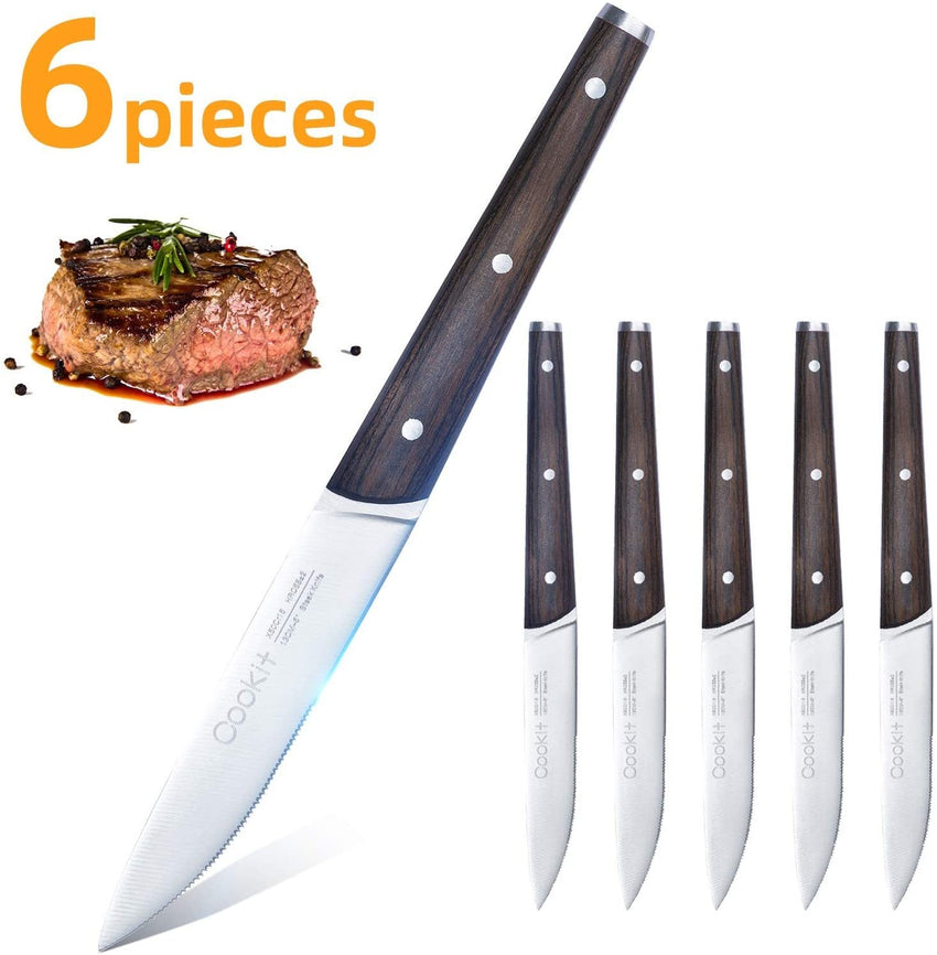 6Pcs Steak Knife Set Serrated Stainless Steel Utility with Wooden Handle for Home Dining Restaurant 5 inches serrated steak - 7DAY'S