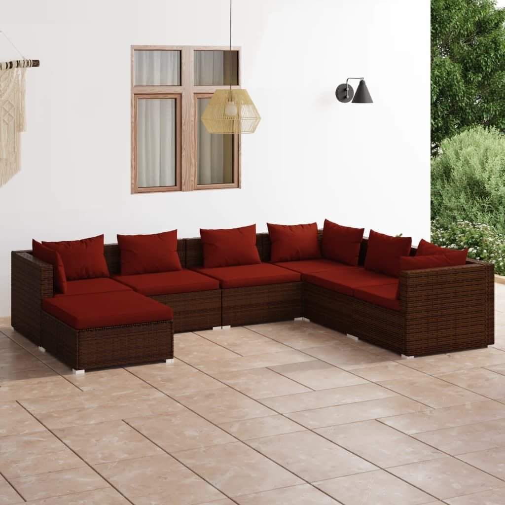 7 Piece Patio Lounge Set with Cushions Poly Rattan Brown - 7DAY'S