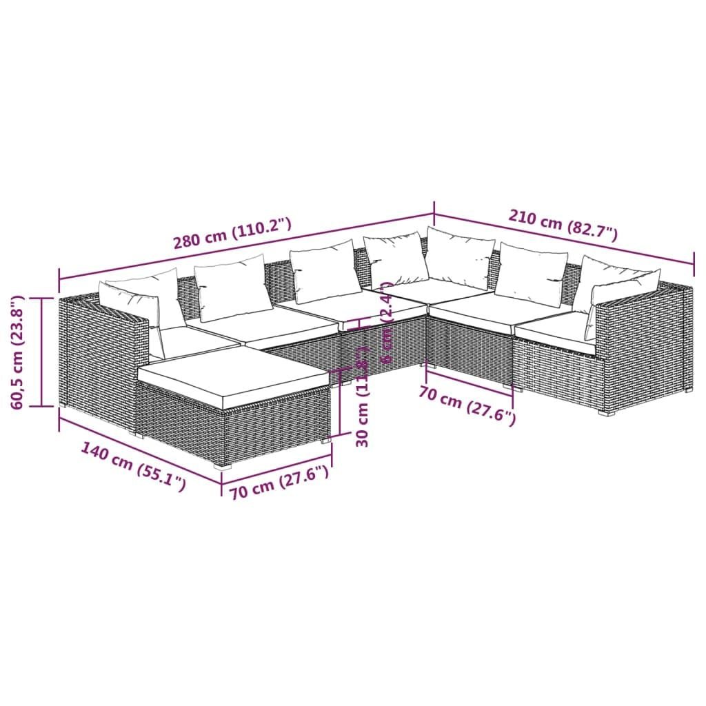 7 Piece Patio Lounge Set with Cushions Poly Rattan Brown - 7DAY'S