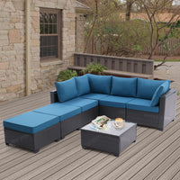 7 Pieces Outdoor Patio Furniture Set,Sectional Conversation Sofa Of Corner Chairs,Ottomans And Glass Top Table,All Weather PE Rattan and Steel Frame With Removable Cushions - 7DAY'S