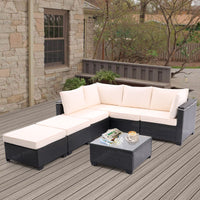 7 Pieces Outdoor Patio Furniture Set,Sectional Conversation Sofa Of Corner Chairs,Ottomans And Glass Top Table,All Weather PE Rattan and Steel Frame With Removable Cushions - 7DAY'S