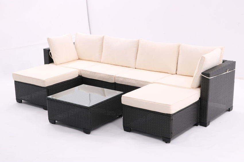 7 Pieces Outdoor Patio Furniture Set,Sectional Conversation Sofa Of Corner Chairs,Ottomans And Glass Top Table,All Weather PE Rattan and Steel Frame With Removable Cushions - 7DAY'S