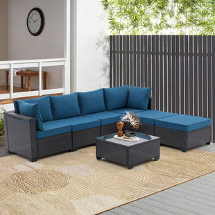 7 Pieces Outdoor Patio Furniture Set,Sectional Conversation Sofa Of Corner Chairs,Ottomans And Glass Top Table,All Weather PE Rattan and Steel Frame With Removable Cushions