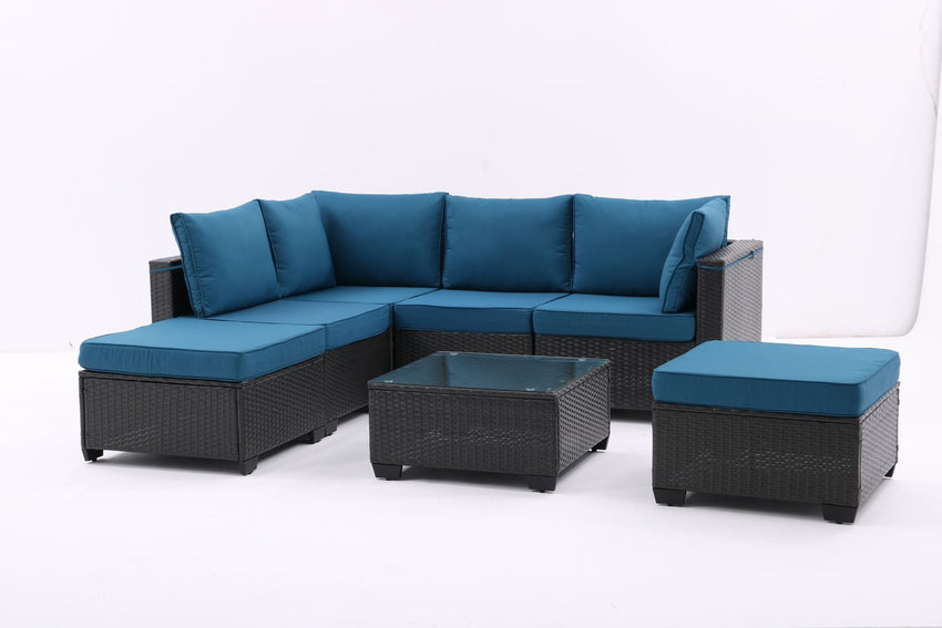 7 Pieces Outdoor Patio Furniture Set,Sectional Conversation Sofa Of Corner Chairs,Ottomans And Glass Top Table,All Weather PE Rattan and Steel Frame With Removable Cushions - 7DAY'S