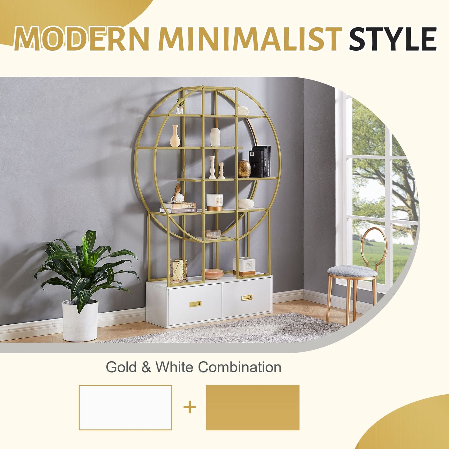 70.8 Inch Round Office Bookcase Bookshelf, Display Shelf, Two Drawers, Gold Frame - 7DAY'S