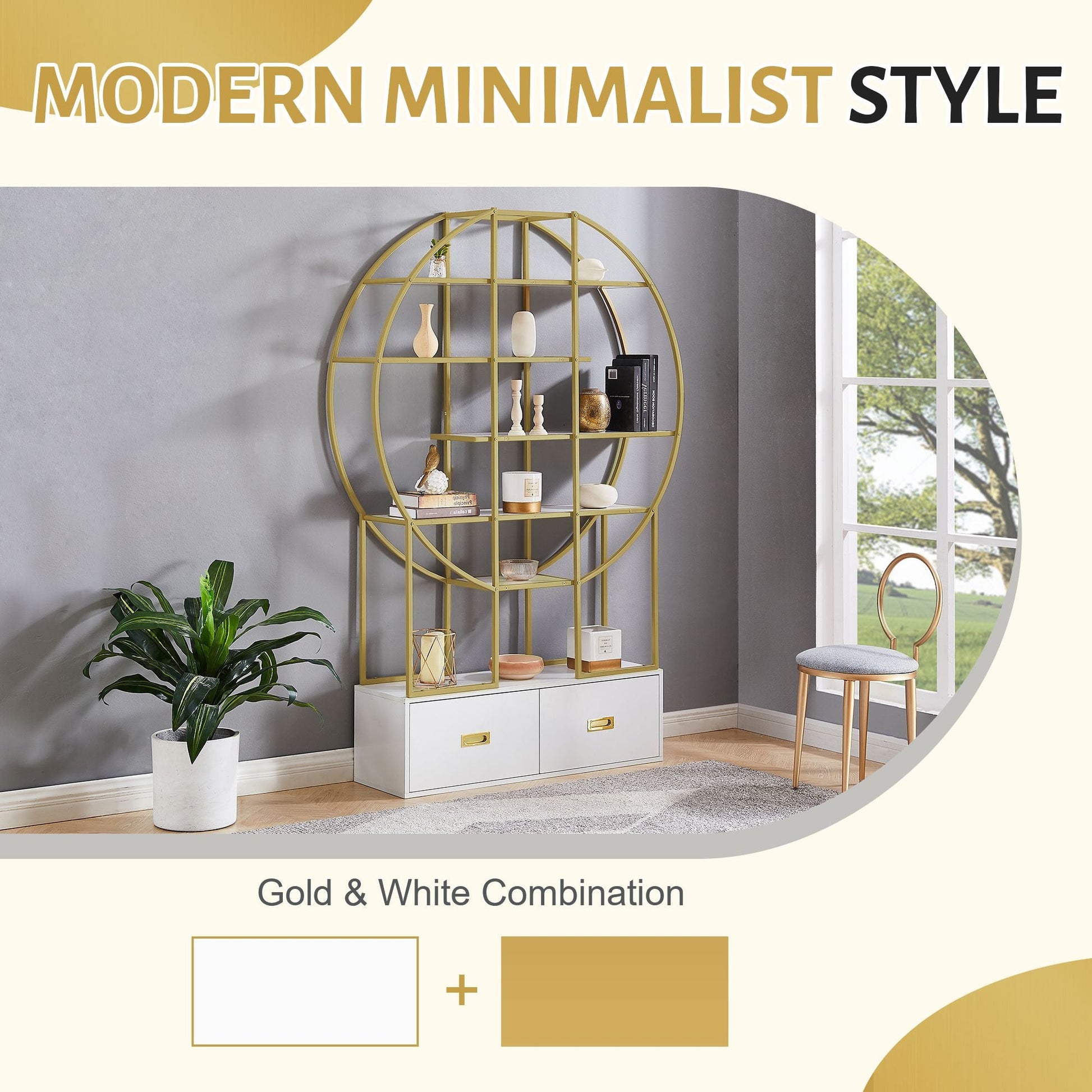 70.8 Inch Round Office Bookcase Bookshelf, Display Shelf, Two Drawers, Gold Frame - 7DAY'S