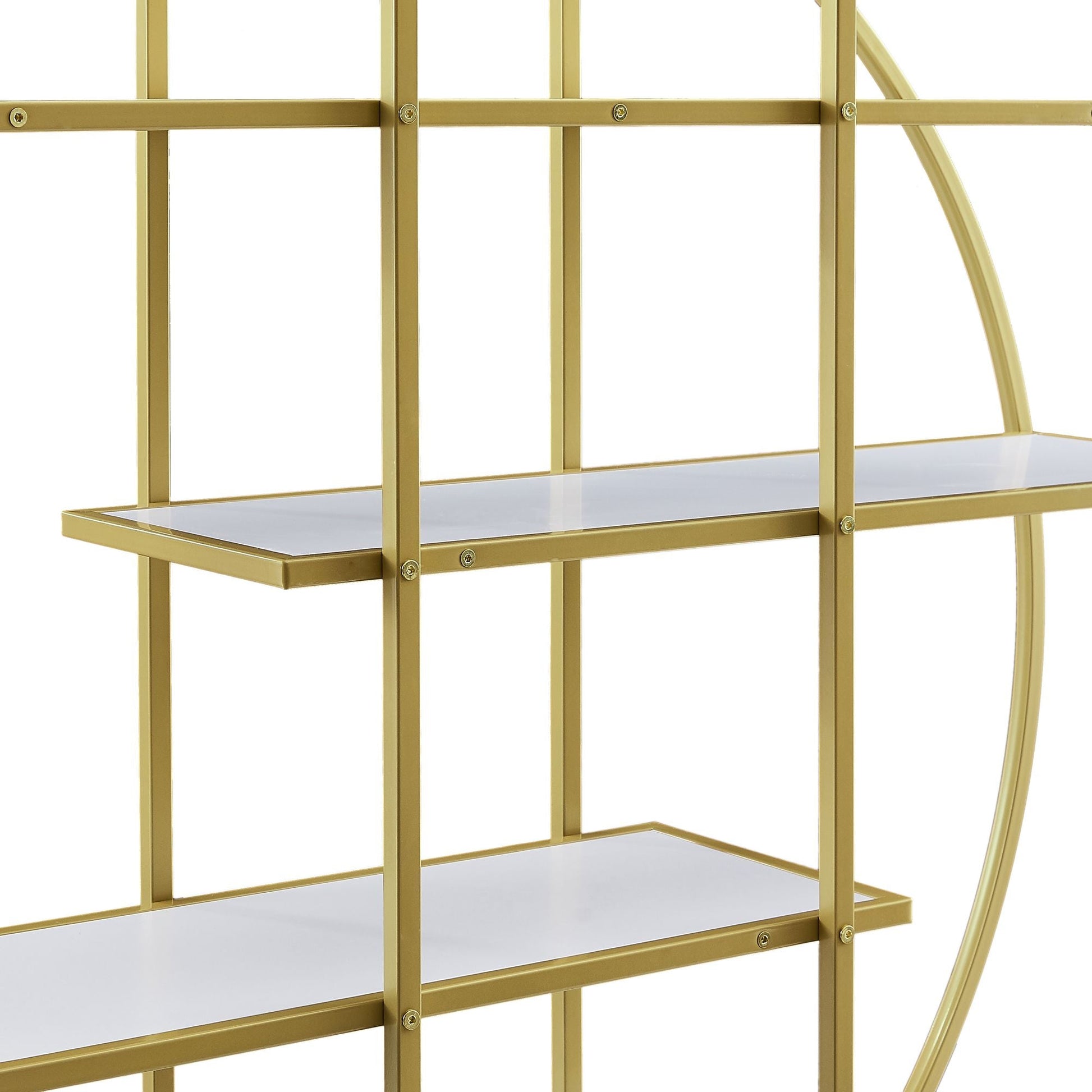 70.8 Inch Round Office Bookcase Bookshelf, Display Shelf, Two Drawers, Gold Frame - 7DAY'S